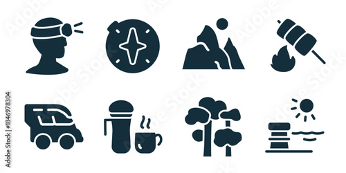 Adventure excellent icon collection. Set of headlamp, compass, mountains, campfire, offroad car, thermos cup, forest trees, lighthouse icons