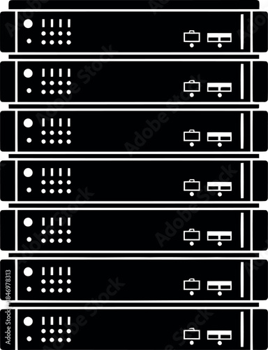 Silhouette of a stack of computer servers with various ports