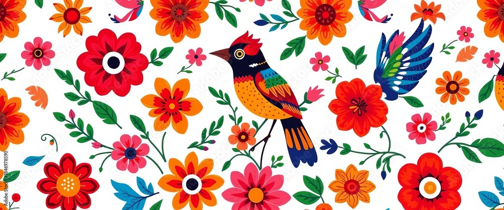 Obraz premium Vibrant Mexican folk art floral & bird seamless pattern White background, textile, southwest