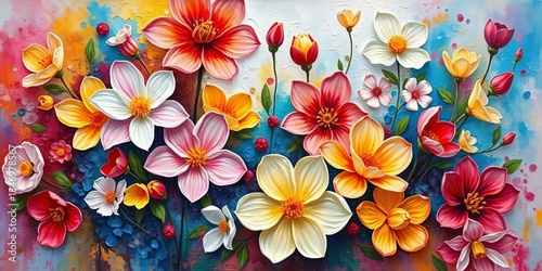 Vibrant abstract spring floral oil painting, colorful blossoms, textured canvas, background, modern art