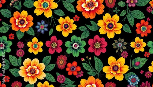 Vibrant floral pattern, black background, bold colors, intricate details, seamless repeat, details, modern