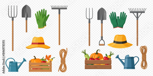 Collection of various gardening tools, farm harvest, and accessories on transparent background.