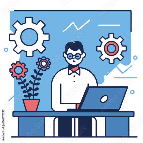 Young professional works on laptop near cogwheels and plant in a line art style