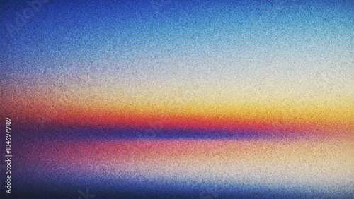 Dreamy tranquil grainy sunset reflected on still water with nostalgic analog film texture created from thousands of individual dots. Delicate film grain horizon glowing with serene dusk colors. Vector