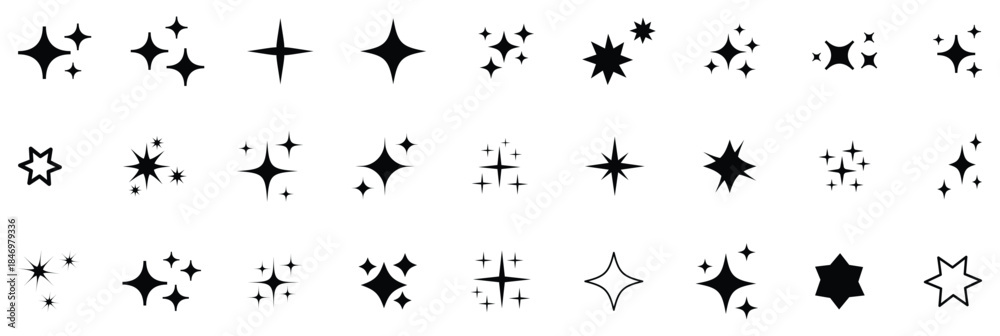 Naklejka premium Sparkles, stars and bursts icons, twinkling stars.Vector set of different black sparkles icons on transparent background.
