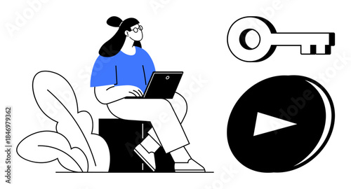 Cybersecurity, digital content, access control, media streaming, online identity, data protection. A woman with a laptop sits by a plant. Cybersecurity and digital content concepts