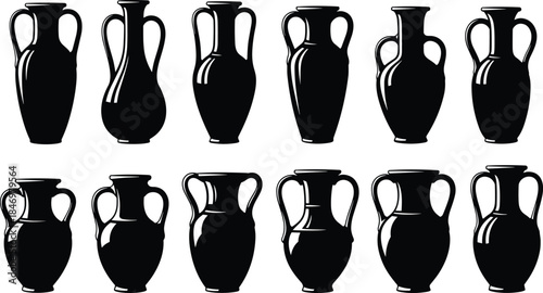 Ancient pottery vase silhouettes vector set, Greek and Roman ceramic amphora shapes, black classic decorative vessel illustration collection
