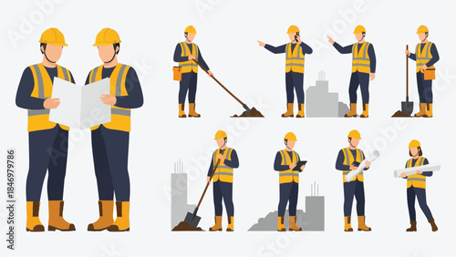 Set of vector illustrations featuring male and female construction workers in various poses, wearing safety helmets and reflective vests, holding blueprints, and using tools on a job site
