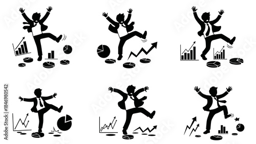 Businessman navigating through various financial charts including bar graphs and pie charts symbolizing challenges and opportunities in economic landscape