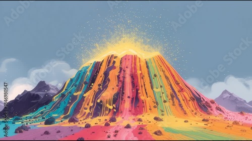 Vibrant rainbow colored volcano erupting with lava flow