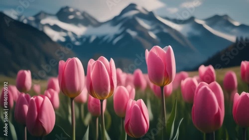 A vibrant field of pink tulips flourishes with majestic snow-capped mountains in the background.