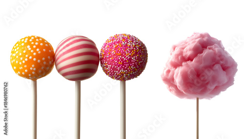 Colorful Lollipops with Pink Cotton Candy on Transparent Background