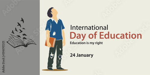 International day of education poster with a boy holding a book