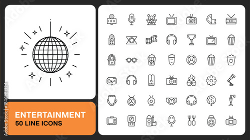 Set of 50 black and white entertainment line with globe