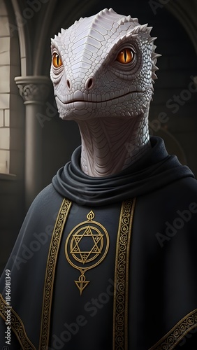Lizard priest with golden sigil medallion in medieval cloister, cinematic 3D portrait