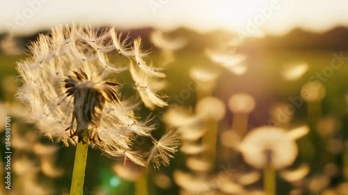 Close Up Of A Dandelion Seed Head In The Golden Hour Sunlight With Soft Bokeh Background In A Field During Sunset