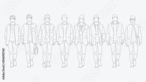 Set of vector line art technical fashion illustrations featuring men in vintage-style double-breasted coats and uniforms, isolated on a white background
