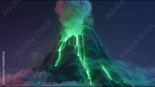 Erupting volcano with vibrant green lava flows and smoke