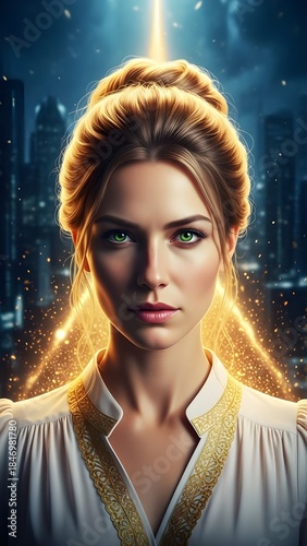 Emerald‑eyed heroine with radiant triangle halo, sci‑fi fantasy character poster