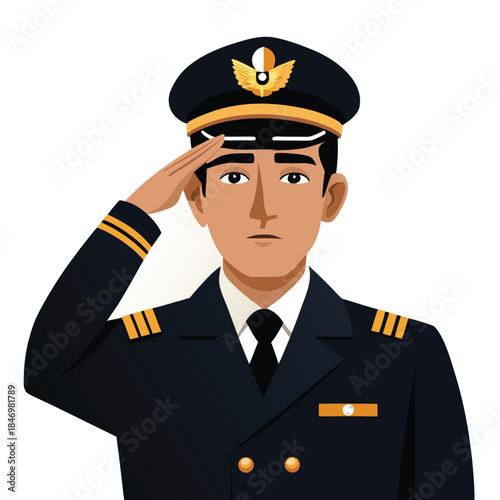 Serious Asian male pilot delivers a crisp salute with determined look in uniform