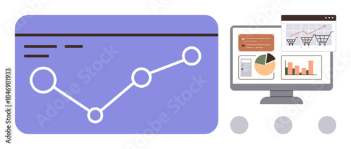 Line graph tracking analytics alongside a desktop screen displaying e-commerce charts, bar graphs, and pie chart. Ideal for data analysis, statistics, e-commerce, marketing, business, technology