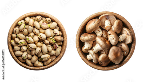 Pistachio Nuts and Mushroom in Wooden Bowl on Transparent Background