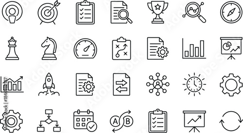 Business strategy icons, management vector set, marketing planning symbols, finance outline collection, data analysis, target goal, rocket launch, chess.