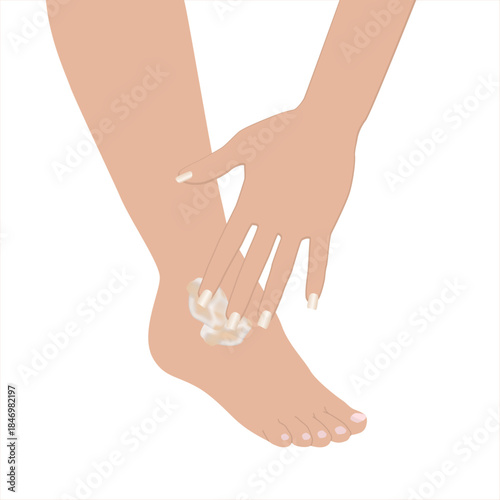 Beautiful female hand applying foot moisturizer. Slender groomed woman's foot with cream on the white background. Cares about clean and soft legs skin. Healthcare concept. Vector illustration