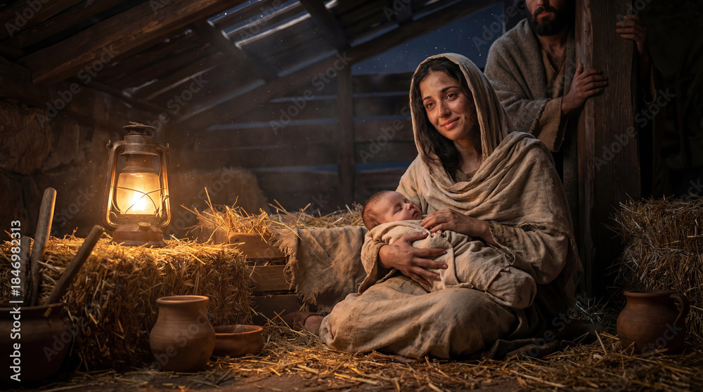 Fototapeta premium Biblical scene of Mary holding newborn baby Jesus in a stable with Joseph standing in the shadows. Nativity scene at night with warm lantern light illuminating the holy family in a barn.