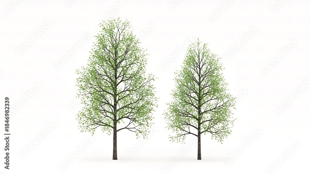 Obraz premium Two slender trees with vibrant green foliage stand isolated on a white background