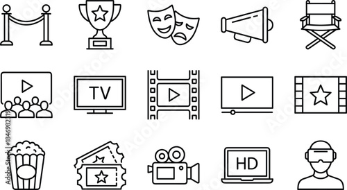 Cinema icon set, movie production line art symbols, film industry vector collection, entertainment outline signs, video media player, theater, popcorn, camera.