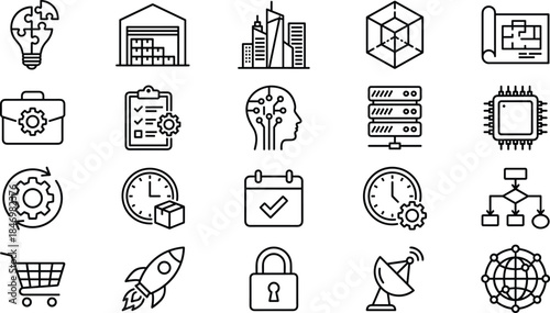 Business technology icon set, logistics management symbols, innovation lightbulb, server data, startup rocket, vector illustration, outline style design, workflow concept