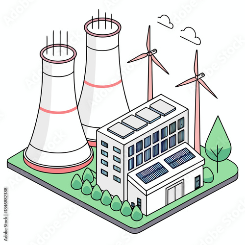 Coal power plant with wind turbines and solar panels