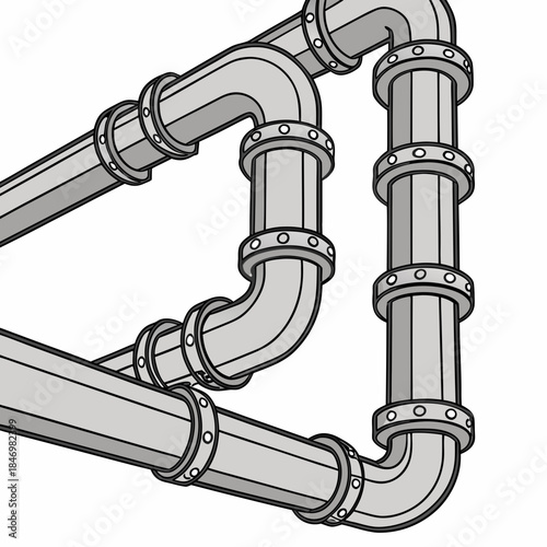 Complex network of intersecting steel pipelines with bolts