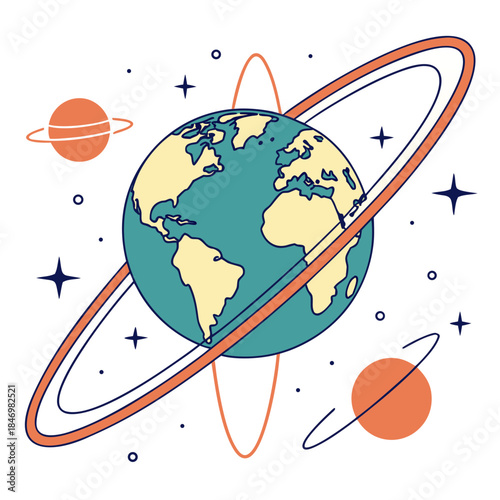 Glowing energy ring around planet earth with planets and stars