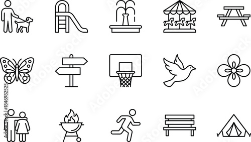 Park icon set, outdoor recreation collection, leisure nature symbols, playground slide, picnic bench, camping tent, vector illustration, outline style design