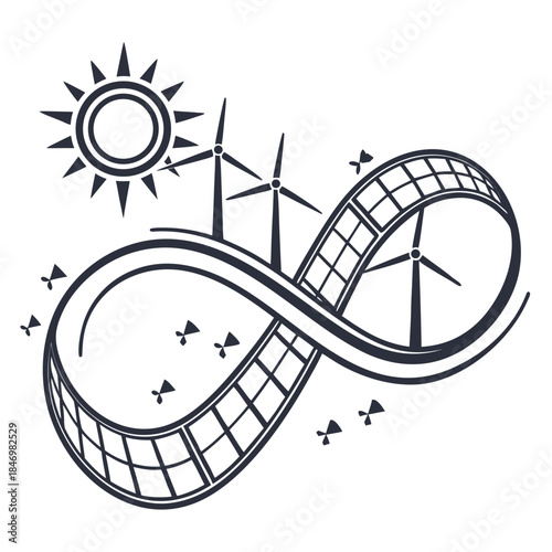 Infinity loop formed with solar panels and wind turbines