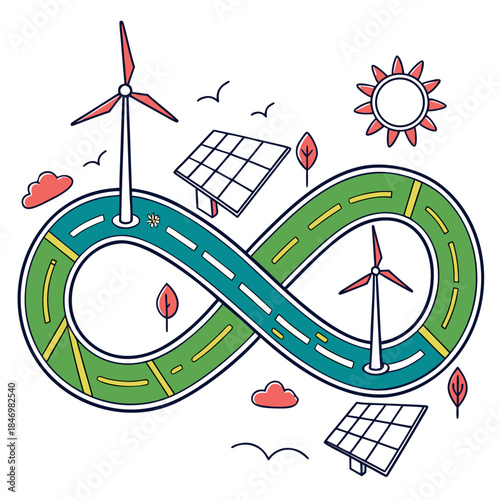 Infinity loop road with wind turbines and solar panels