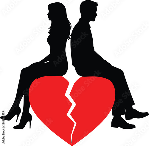Broken heart couple silhouette illustration, man and woman back to back, relationship breakup concept, love separation symbol vector design