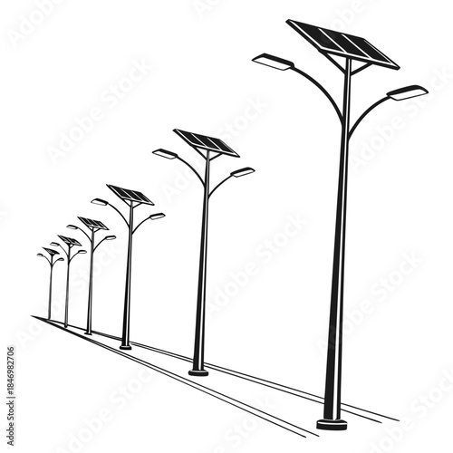 Solar streetlights arranged in minimal pattern white background