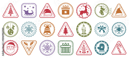 Large Collection of Vintage Grunge Christmas Rubber Stamps, Holiday Seals, and Winter Icons