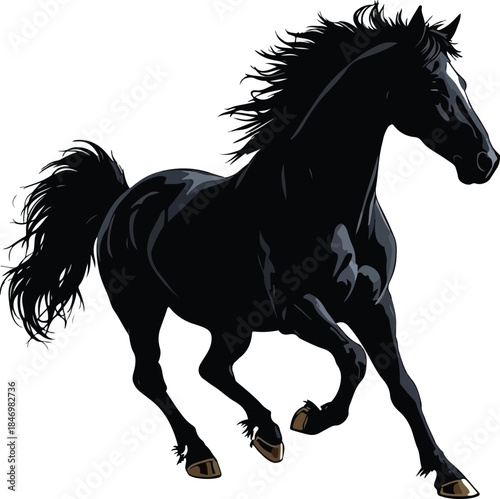Black Horse: A majestic black horse gallops gracefully, showcasing power and freedom. It's muscular form moves dynamically, expressing energy and spirit. 