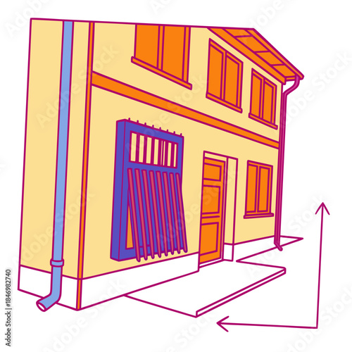 Yellow house with blue window shutter and arrows