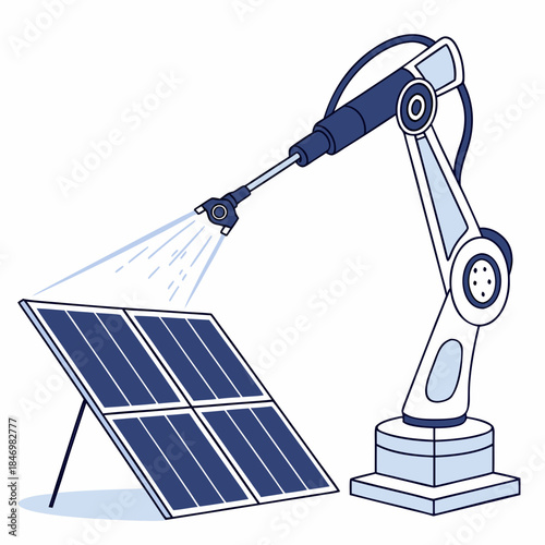 Robotic arm cleaning solar panel with water spray maintenance