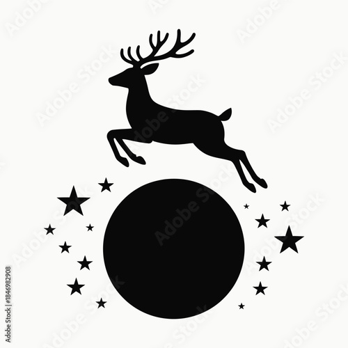 Silhouette of a Leaping Reindeer Above a Full Moon and Twinkling Stars — A Mystical Winter Night Scene Evoking Magic, Freedom, and Celestial Wonder in Minimalist Design