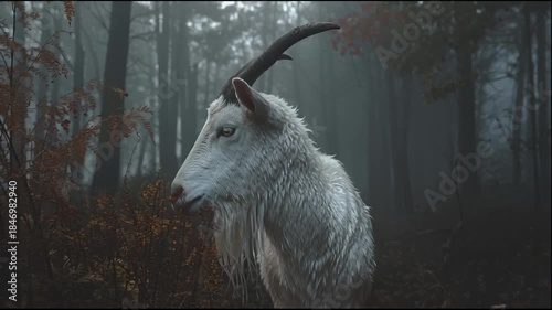 Majestic white goat standing in misty forest with horns