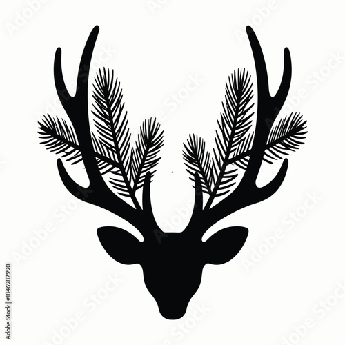 Elegant Deer Head Silhouette with Antlers Adorned by Pine Branches — A Striking Fusion of Wildlife and Winter Forest Symbolism in Bold Black-and-White Design