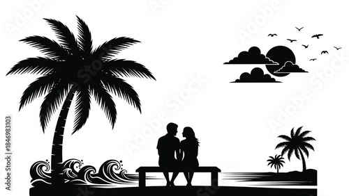 Romantic couple silhouette sitting on a bench under palm trees watching the sunset over ocean waves