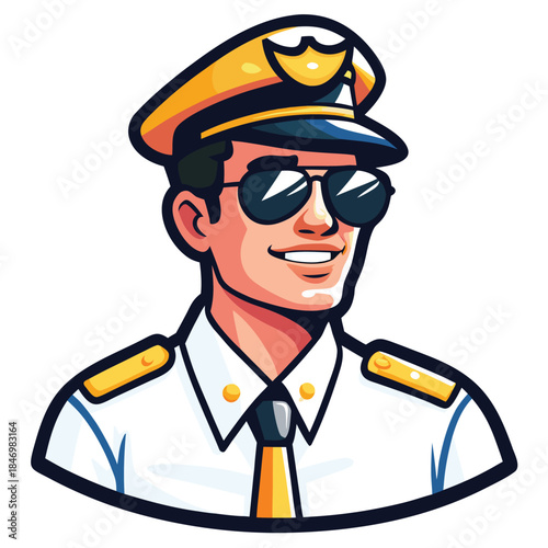 Smiling fairskinned aviator with cap and sunglasses poses in a white shirt and tie
