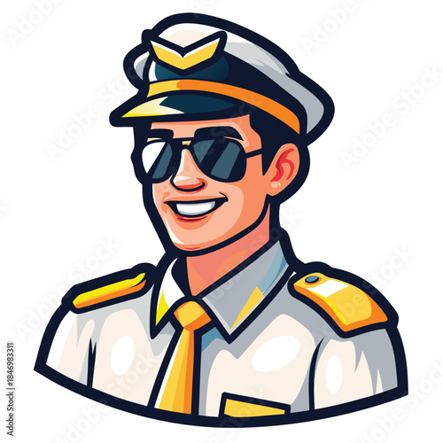 Smiling male pilot character avatar displaying aviator sunglasses and uniform with cap, collar and tie